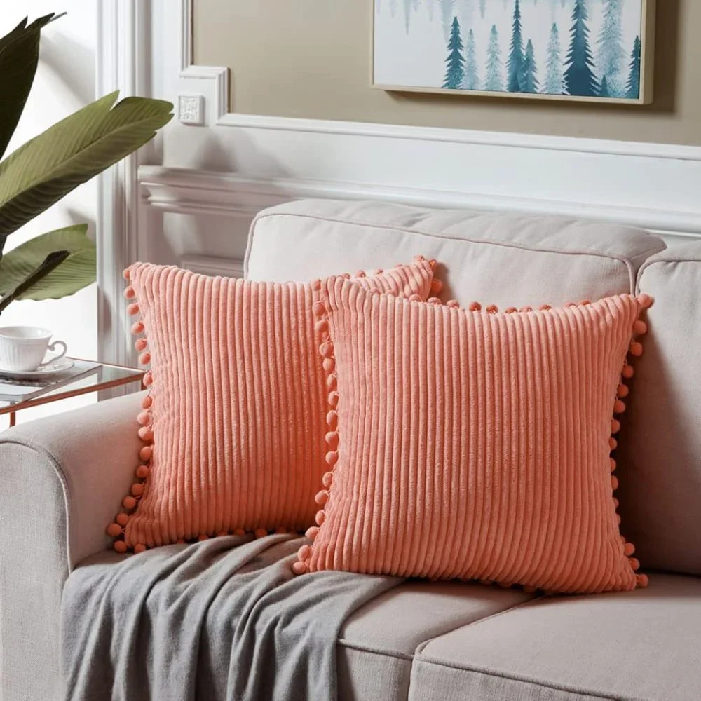 Coral Pink Corduroy Luxury Velvet Pompom Bed/Sofa Throw Pillow Cover/Case Set - Picture 8 of 8